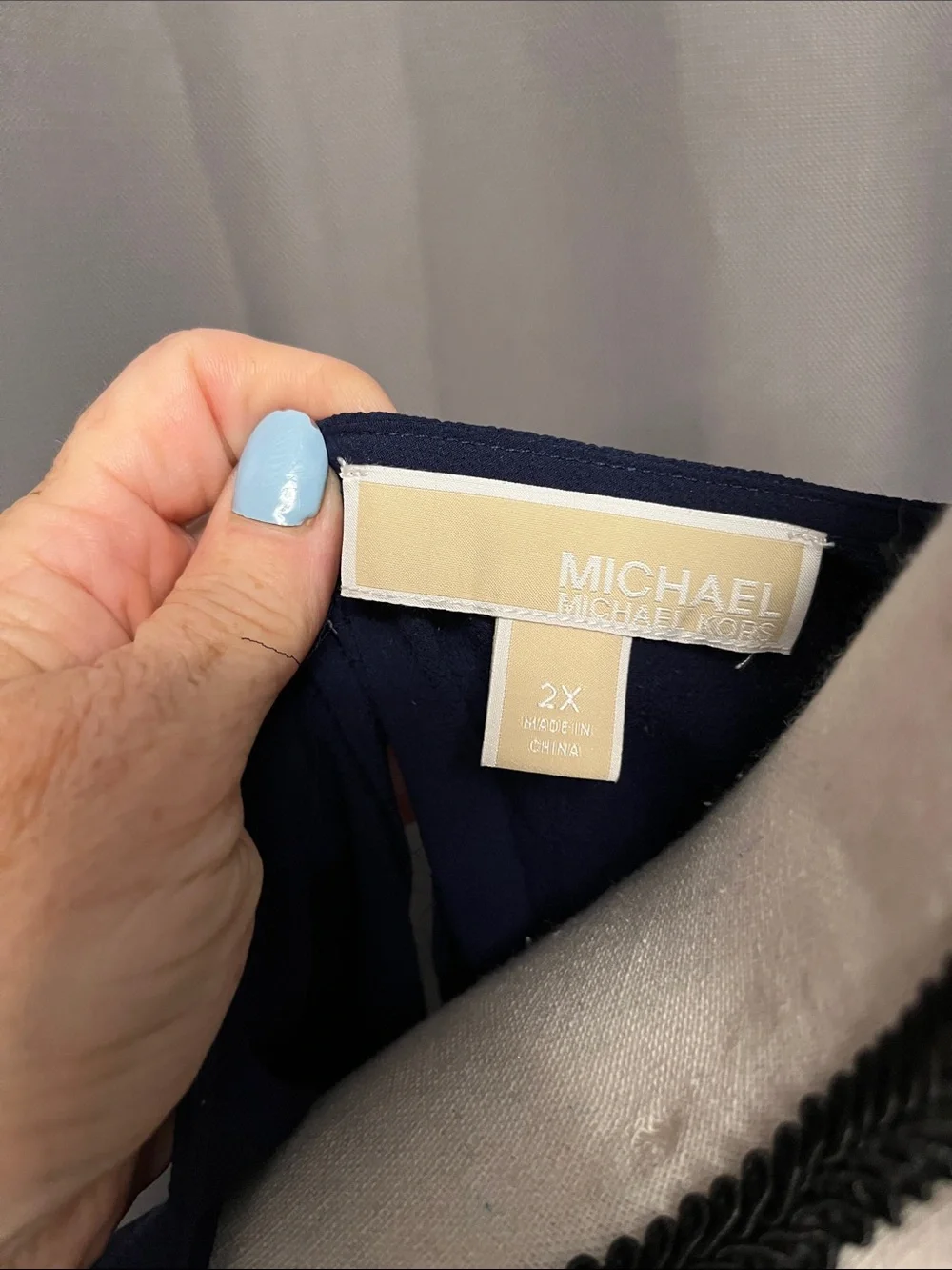 Michael Kors Navy Short-Sleeve Blouse with Gold Chain Accent